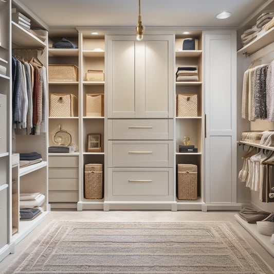 A serene, well-lit closet interior featuring floor-to-ceiling custom shelving units with sliding drawers, adjustable shelves, and hanging rods, surrounded by neutral-toned walls and a plush area rug.