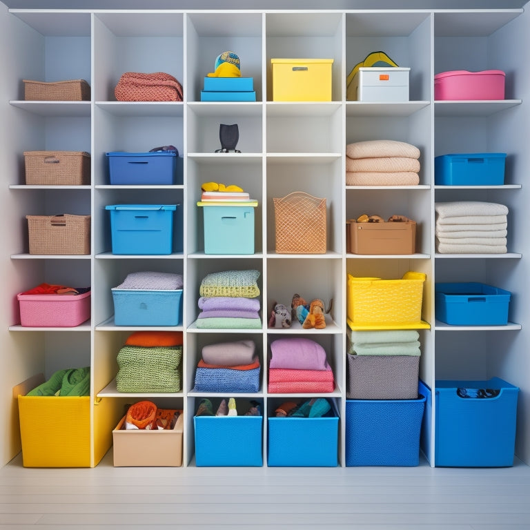 A tidy, well-lit closet with 5-7 colorful, stackable storage bins of various sizes, filled with folded clothes, toys, and miscellaneous items, against a clean, white background.