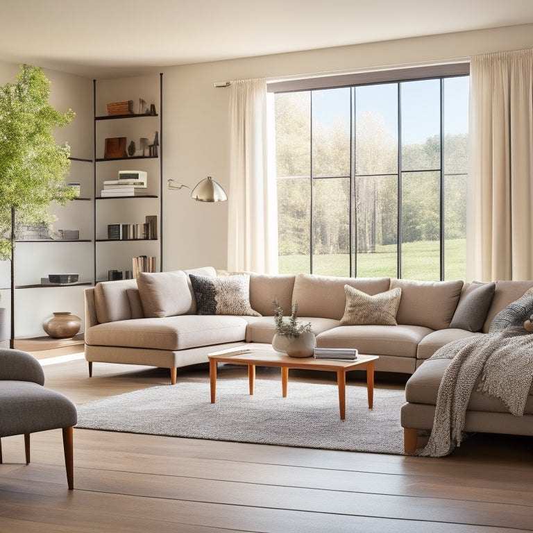 A serene, modern living room in Madison with large windows, warm natural light, and a minimalist aesthetic, featuring a custom-built shelving unit and a plush sectional sofa in neutral tones.