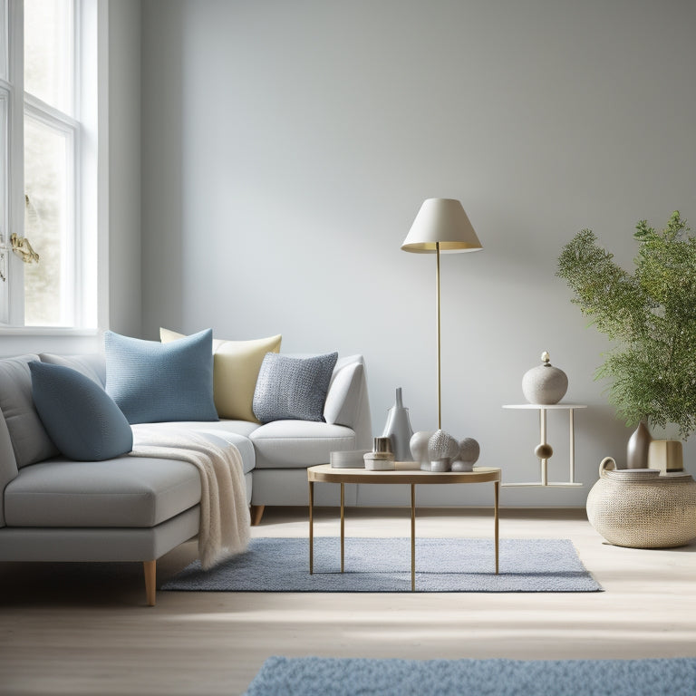 A serene, minimalist living room with a few, carefully selected decorative items, warm natural light, and a subtle background gradient transitioning from soft blue to creamy white.