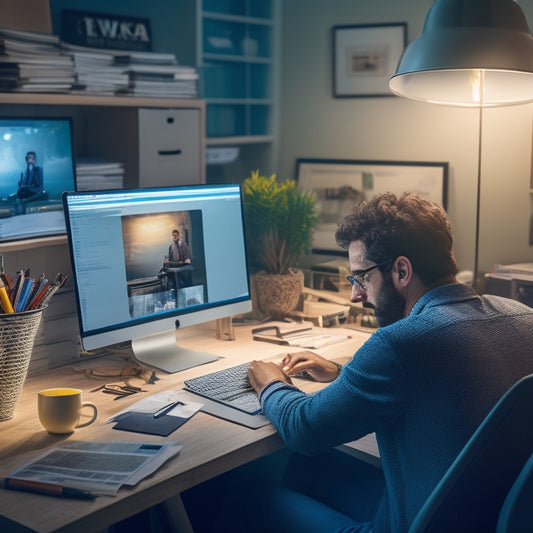 An illustration of a person sitting at a cluttered desk with a laptop, surrounded by scattered papers and pens, with a subtle glow of a budget-friendly digital tool dashboard on the screen.