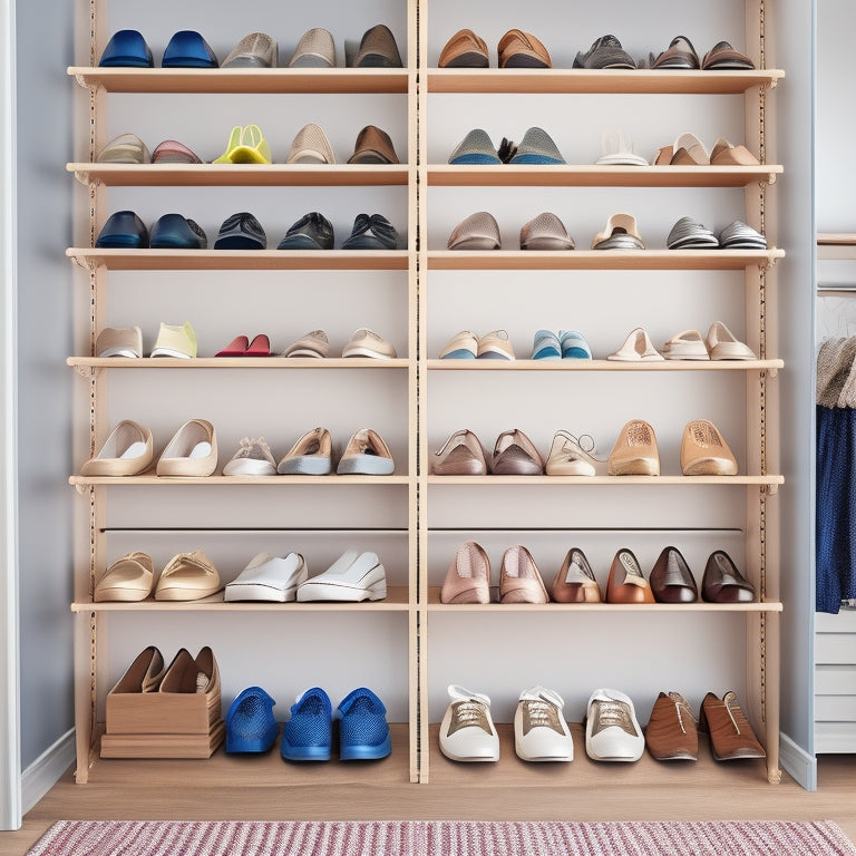 A clean and organized closet with a DIY shoe organizer made of wooden crates, featuring 12 pairs of shoes neatly arranged, with a few clothes hung on a rod behind it, and a minimalist background.