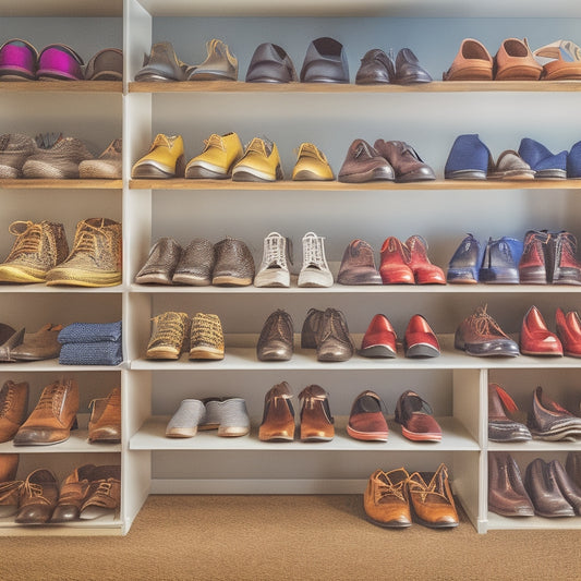 A cluttered small closet with shoes scattered on the floor, overflowing shelves, and tangled shoe laces, contrasted with a section featuring a few shoes neatly stacked on a tiered shoe rack.