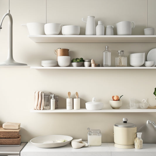 A minimalist kitchen with cream-colored walls, featuring a set of five sleek, white, stackable shelves against a light gray backsplash, holding various cookbooks, ceramic jars, and kitchen utensils.