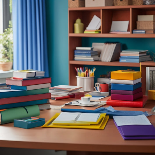 A colorful, neatly organized desk with three open binders in the foreground, each filled with labeled tabs and paper, surrounded by minimal decorative items and a subtle background of a tidy home office.