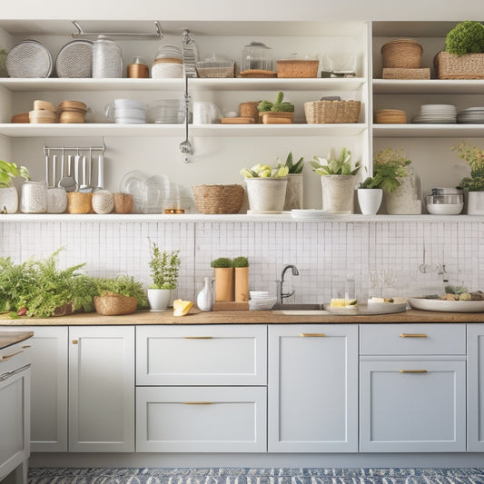 A tidy kitchen with white cabinets, featuring pull-out shelves, baskets, and dividers, showcasing organized cookware, utensils, and spices, with a few decorative vases and a small potted plant on top.