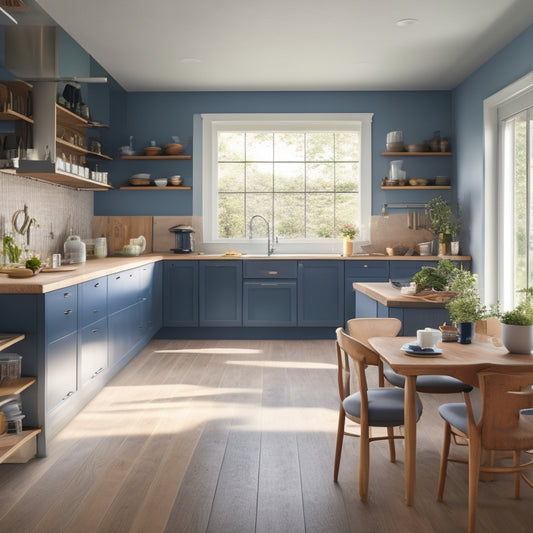 An open-plan kitchen with wheelchair-accessible island, lowered countertops, and pull-out shelves in warm wood tones, surrounded by plenty of natural light and a subtle gradient of blue hues.