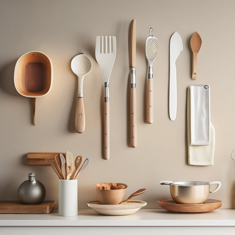 A tidy kitchen countertop with a sleek, wall-mounted utensil organizer featuring neatly arranged kitchen tools, including a chef's knife, wooden spoon, and silicone spatula, against a soft, cream-colored background.