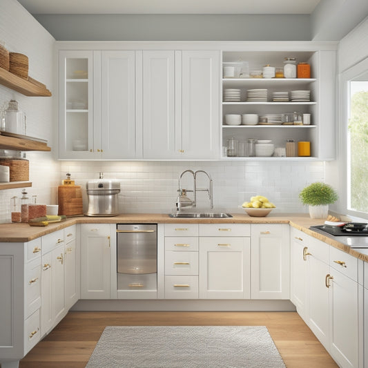 Generate an image of a modern kitchen with sleek white cabinets, featuring a pull-out spice rack, soft-close drawers, and a Lazy Susan corner cabinet, with utensils and cookware organized and visible.