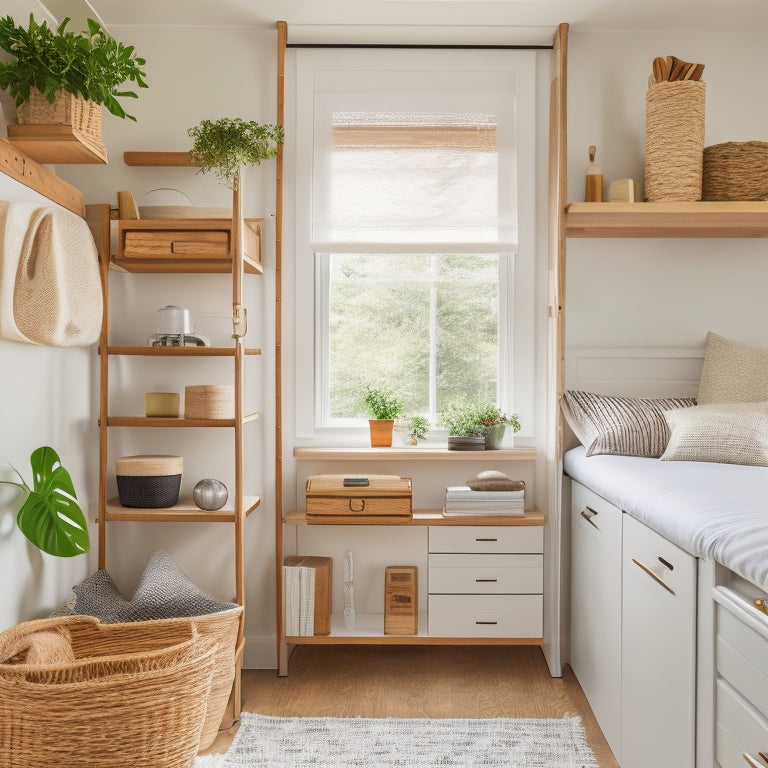 A cozy, light-filled tiny home interior with a Murphy bed, retractable ladder, hanging storage baskets, and a compact shelving unit with woven wicker baskets and minimalist decor.