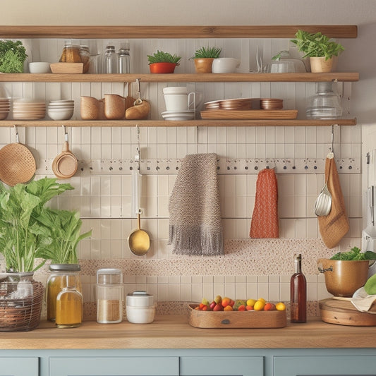 A stylized kitchen with a mix of modern and rustic elements, featuring a pegboard with hanging utensils, a pull-out spice rack, and a woven basket storing fresh produce on a wooden countertop.