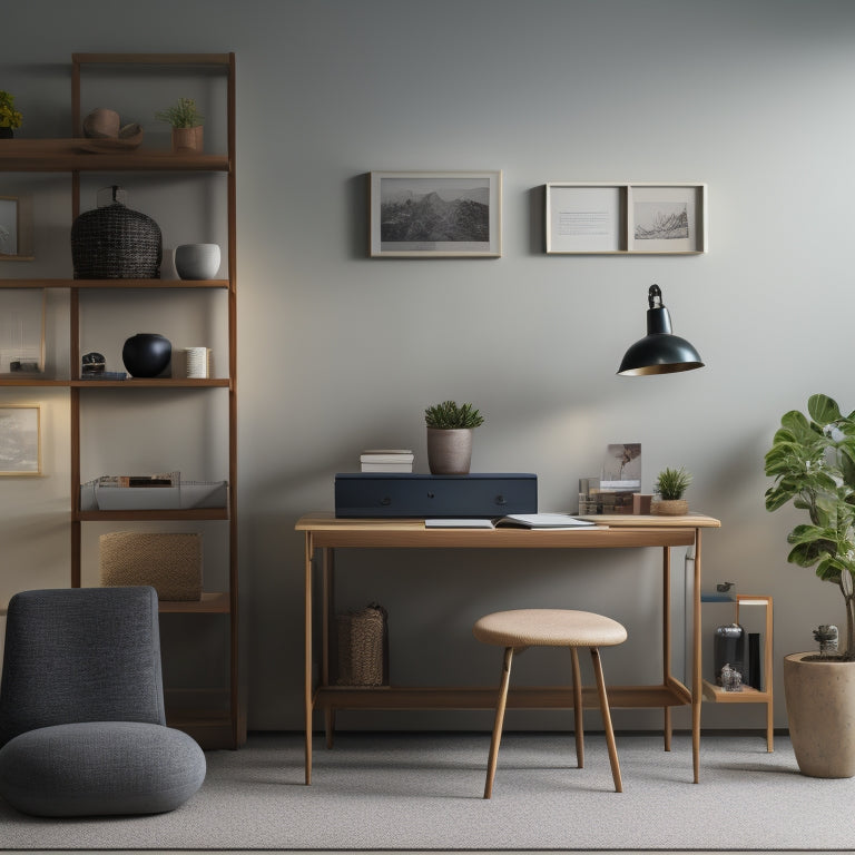 A serene, well-lit room with a few, carefully chosen items on a minimalist shelf, a wheelchair-accessible desk with a small, organized workspace, and a calm, gentle color scheme.