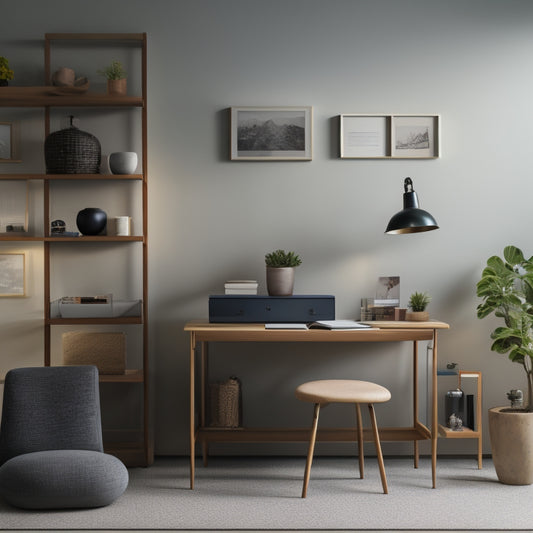 A serene, well-lit room with a few, carefully chosen items on a minimalist shelf, a wheelchair-accessible desk with a small, organized workspace, and a calm, gentle color scheme.