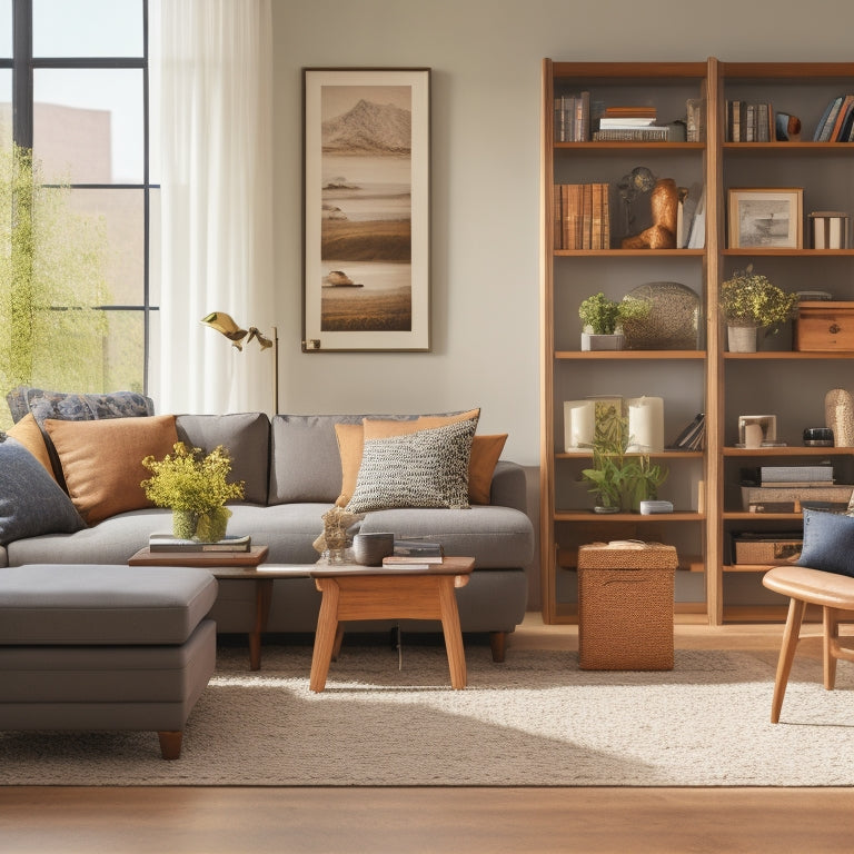 A tidy living room with a few organized sections: a labeled storage ottoman, a minimalist bookshelf, and a clutter-free coffee table with a single vase and a few stacked books.