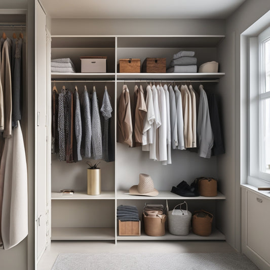 A serene, well-lit closet interior with a minimalist aesthetic: soft gray walls, pale wood shelves, and a few, carefully curated clothing items hung on slim, silver hangers.