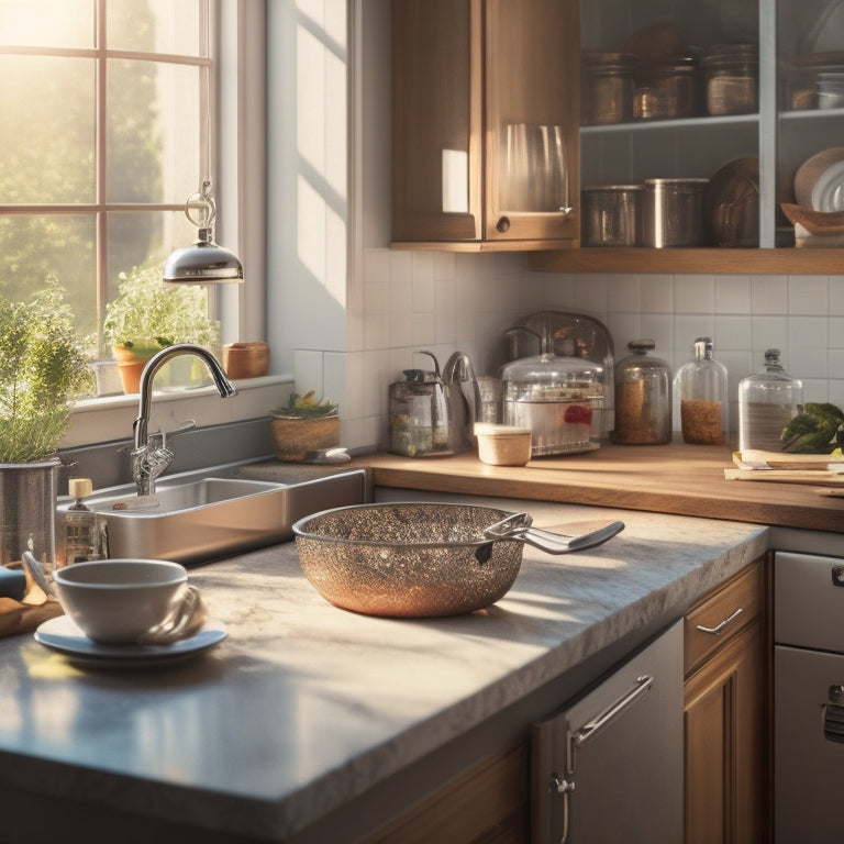 A tidy kitchen with morning sunlight streaming through the window, a sparkling clean sink, a single dirty dish in the dishwasher, and a few organized utensils on the countertop.