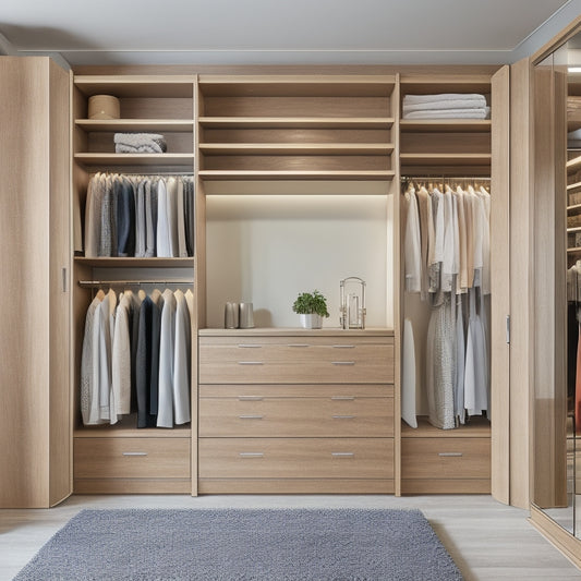 A modern, sleek closet interior with adjustable shelves, drawers, and rods in a warm wood tone, surrounded by soft, creamy walls and a large, floor-to-ceiling mirror.