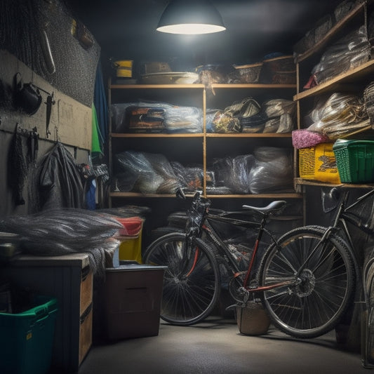 A cluttered garage closet with bikes, tools, and storage bins stacked haphazardly, with items spilling out onto the floor, surrounded by cobwebs and dust, in a dimly lit space with a single, flickering light bulb.