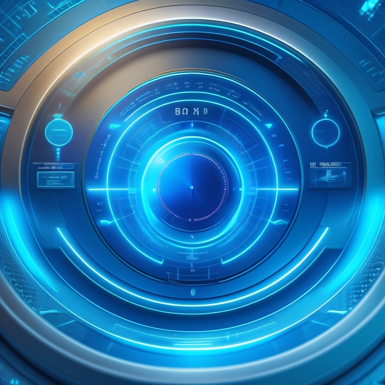 A futuristic, sleek dashboard with glowing blue accents, featuring a stylized file folder icon at the center, surrounded by orbiting circles and lines, conveying speed and efficiency.