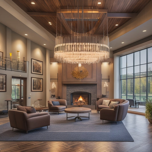 A serene lobby with a modern chandelier, comfortable seating, and a warm fireplace; adjacent, a fitness center with treadmills and free weights, and a conference room with a large wooden table.