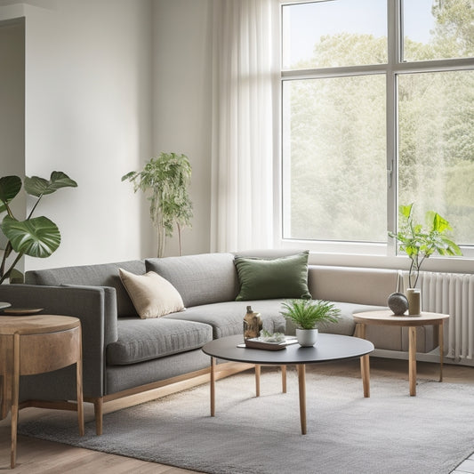 A serene, minimalist living room with a few, carefully curated furniture pieces, surrounded by empty space, natural light pouring in through large windows, and a single, lush green plant on a sleek coffee table.