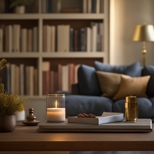 A serene, well-lit living room with a few, carefully selected decorative items on a minimalist shelf, and a few neatly stacked books on a sleek, low-profile coffee table.