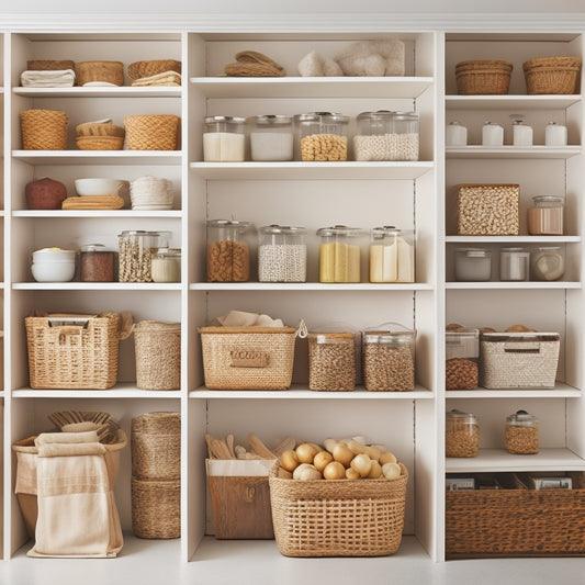 A serene, well-lit pantry with neatly labeled baskets, stacked containers, and a pegboard with hooks, set against a calming white background, showcasing a sense of order and tranquility.