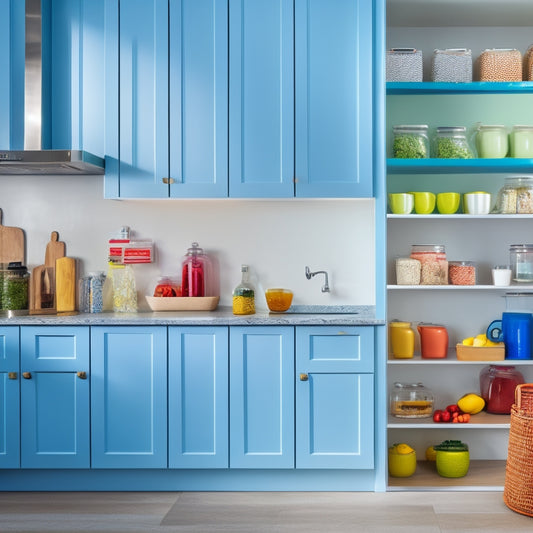 A bright, modern kitchen with sleek countertops and a minimalist aesthetic, featuring a partially open pantry door revealing a colorful array of jars, baskets, and stacked containers.