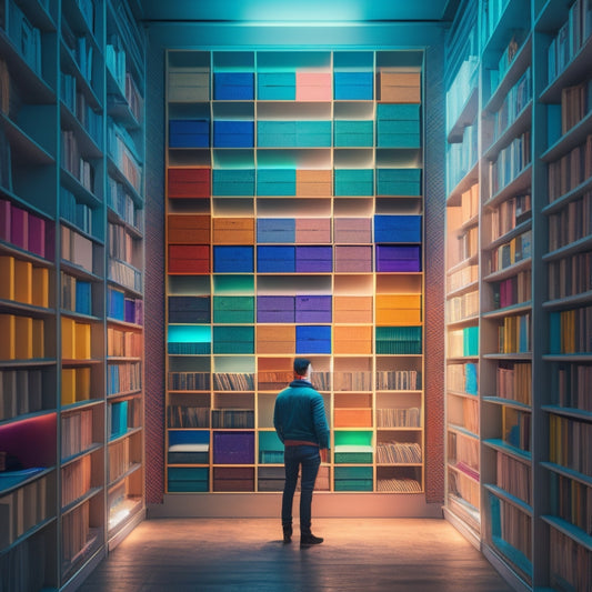 An illustration of a person standing in front of a massive, organized bookshelf with colorful, stacked blocks, and a subtle, glowing light emanating from the center, symbolizing clarity and transformation.
