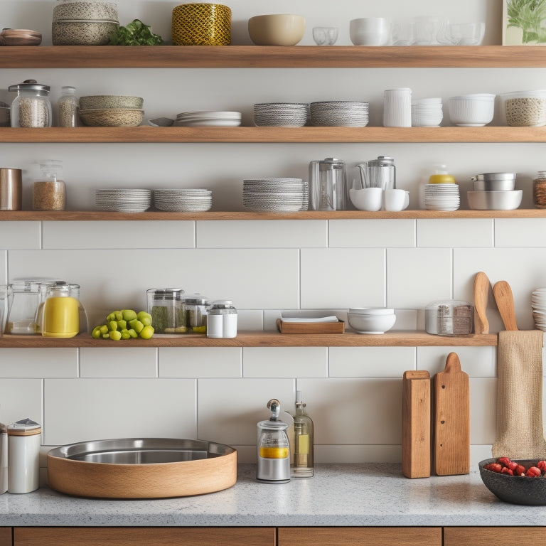 A clutter-free kitchen countertop with a tiered wooden utensil organizer, a compact spice rack on the wall, and a sliding drawer beneath the counter, surrounded by minimal kitchen essentials.