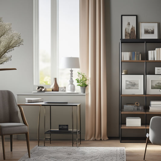 A serene, clutter-free living room with a few, carefully placed decorative items, a minimalist bookshelf, and a sleek, modern desk with a single, organized file folder.
