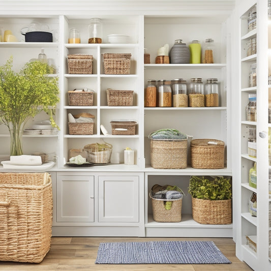 A bright, tidy pantry with adjustable shelves, wicker baskets, and sleek metal bins, illuminated by soft, warm lighting, and a few fresh herbs on the counter, against a clean white background.