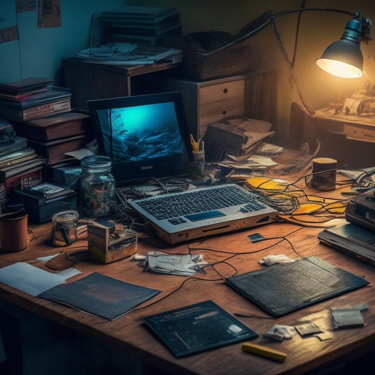 A cluttered desk with a laptop, tangled cords, and scattered papers, surrounded by faded, cracked, and broken devices, with a subtle, dimly lit background, conveying feelings of overwhelm and stagnation.