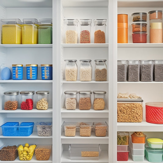 A tidy pantry with 5-7 assorted storage bins in various sizes, arranged on adjustable shelves, featuring a mix of transparent and solid-colored containers with rounded and angular shapes.