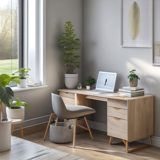 A serene home office with a sleek, minimalist desk, a small potted plant, and a few strategically placed storage bins, surrounded by a calming neutral-colored background and plenty of natural light.