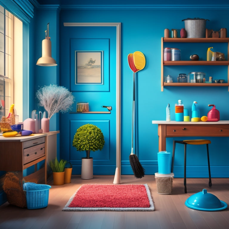 A stylized illustration of a sparkling clean home, with a broom and mop leaning against a wall, surrounded by organized cleaning supplies, and a subtle background of tidy rooms.