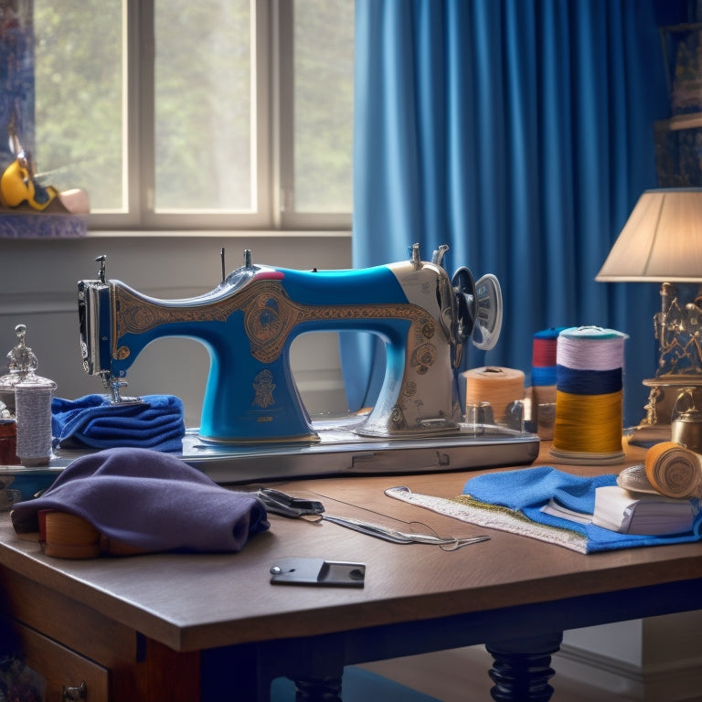 A sewing machine centered on a clutter-free worktable, surrounded by neatly arranged threads, scissors, and fabric swatches, with a half-finished garment draped elegantly over a mannequin in the background.