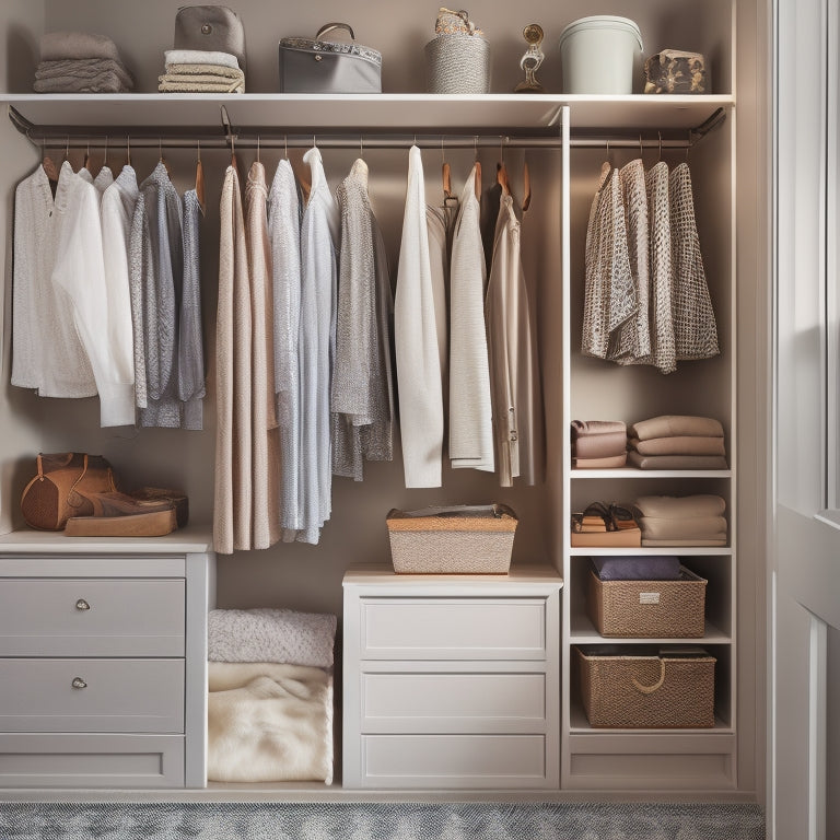 A serene, organized closet interior with soft, warm lighting, featuring a mix of wooden and metal shelves, drawers, and rods, adorned with hanging garments, folded clothing, and a few decorative accessories.