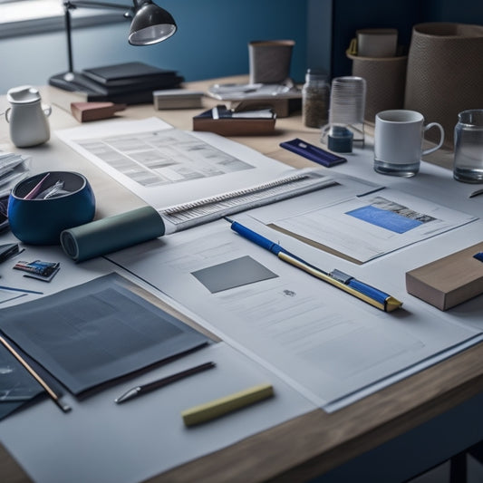 A tidy, minimalist desk with a rolled-up blueprint in the center, surrounded by neatly organized office supplies, contrasted with a blurred background of cluttered papers and scattered objects.