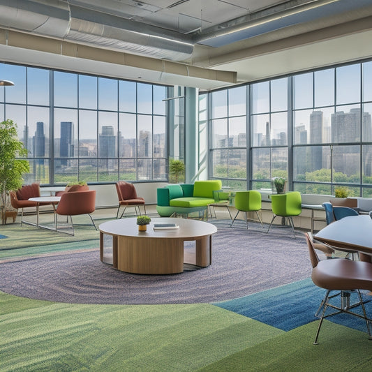 An vibrant, open-concept classroom with diverse seating areas, colorful rugs, and eclectic furniture, surrounded by floor-to-ceiling windows, lush greenery, and a stunning cityscape view.