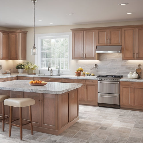 A modern kitchen featuring a large, rectangular granite-topped island with rounded edges, rich brown cabinets, and stainless steel appliances, set against a soft, cream-colored background.