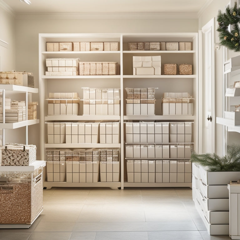 A serene, well-lit, and organized holiday decoration storage room with labeled bins, stacked ornament boxes, and a few festive garlands draped on shelves, surrounded by calm winter whites and creams.