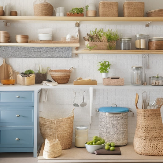 A bright, organized kitchen with a mix of open and closed storage: woven baskets on shelves, ceramic jars on countertops, and a pegboard with hanging utensils and baskets.