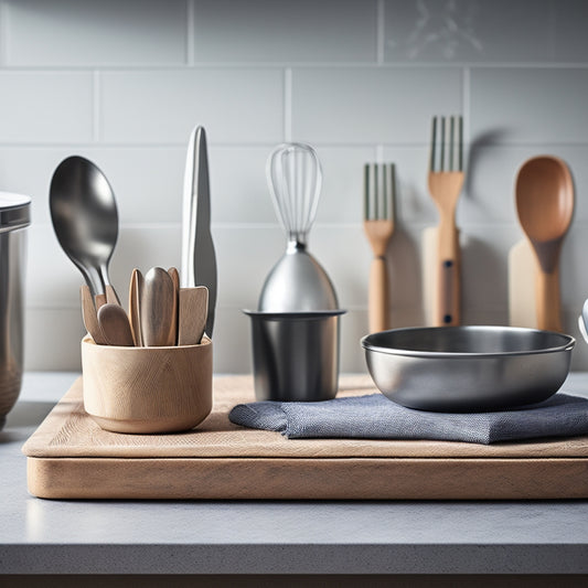 A tidy kitchen countertop with a stainless steel utensil holder, filled with neatly arranged kitchen tools, alongside a wooden utensil organizer with dividers, and a small ceramic container holding a single wooden spoon.