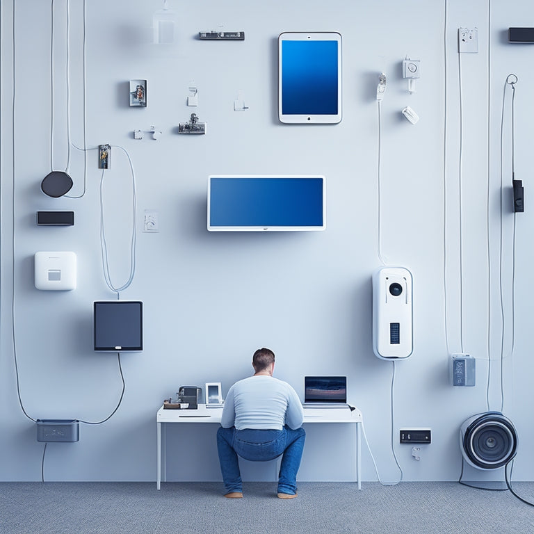 A serene, minimalist illustration featuring a person surrounded by few, carefully curated digital devices, with a subtle background of blurred-out screens and tangled cords, replaced by a few, tidy, organized cables.