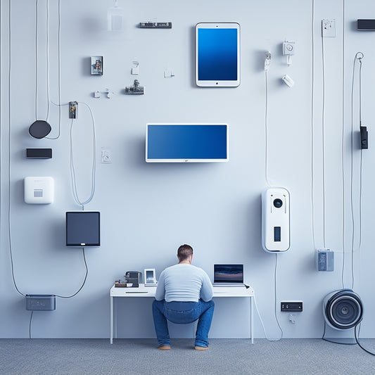 A serene, minimalist illustration featuring a person surrounded by few, carefully curated digital devices, with a subtle background of blurred-out screens and tangled cords, replaced by a few, tidy, organized cables.