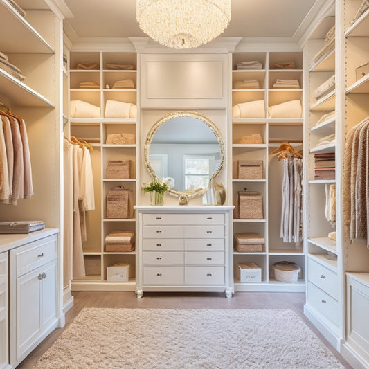 A bright, modern closet with soft, white lighting, featuring a mix of open shelves, closed cabinets, and hanging rods, with a large, ornate mirror and plush, cream-colored carpeting.