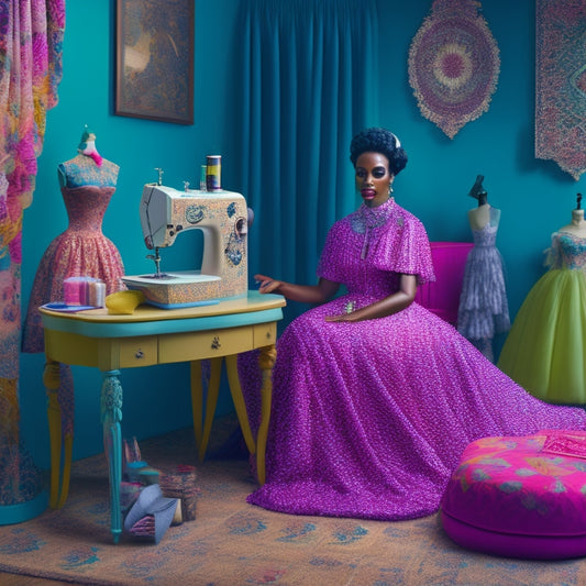 A stylized illustration of a woman surrounded by swirling patterns, fabrics, and threads, with a sewing machine and mannequin in the background, set against a bright, pastel-colored studio.