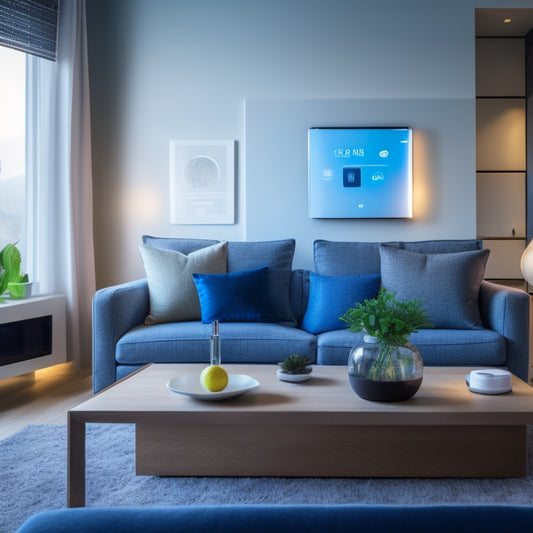 A modern, sleek living room with a tablet displaying a smart home app, surrounded by devices like smart thermostats, LED bulbs, and power strips, amidst a subtle background of energy-efficient icons.