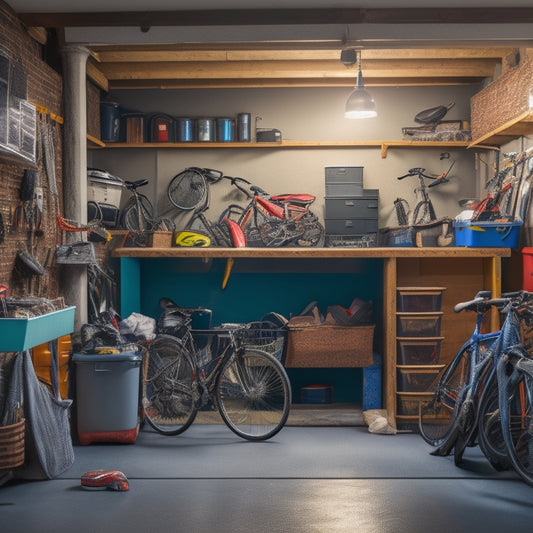 A cluttered garage with tools scattered on the floor, bikes leaned against walls, and storage bins overflowing, contrasted with a tidy garage in the background, with labeled bins and organized workstations.